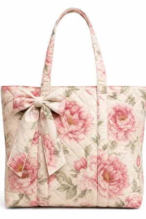 Elegant Peony Quilted Floral Tote Bag with Bow, Large Capacity